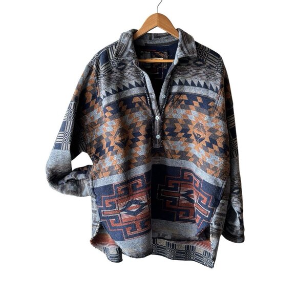Free People Size L Oversized Half Button Southwest Print Blanket Pullover Top - Picture 2 of 9